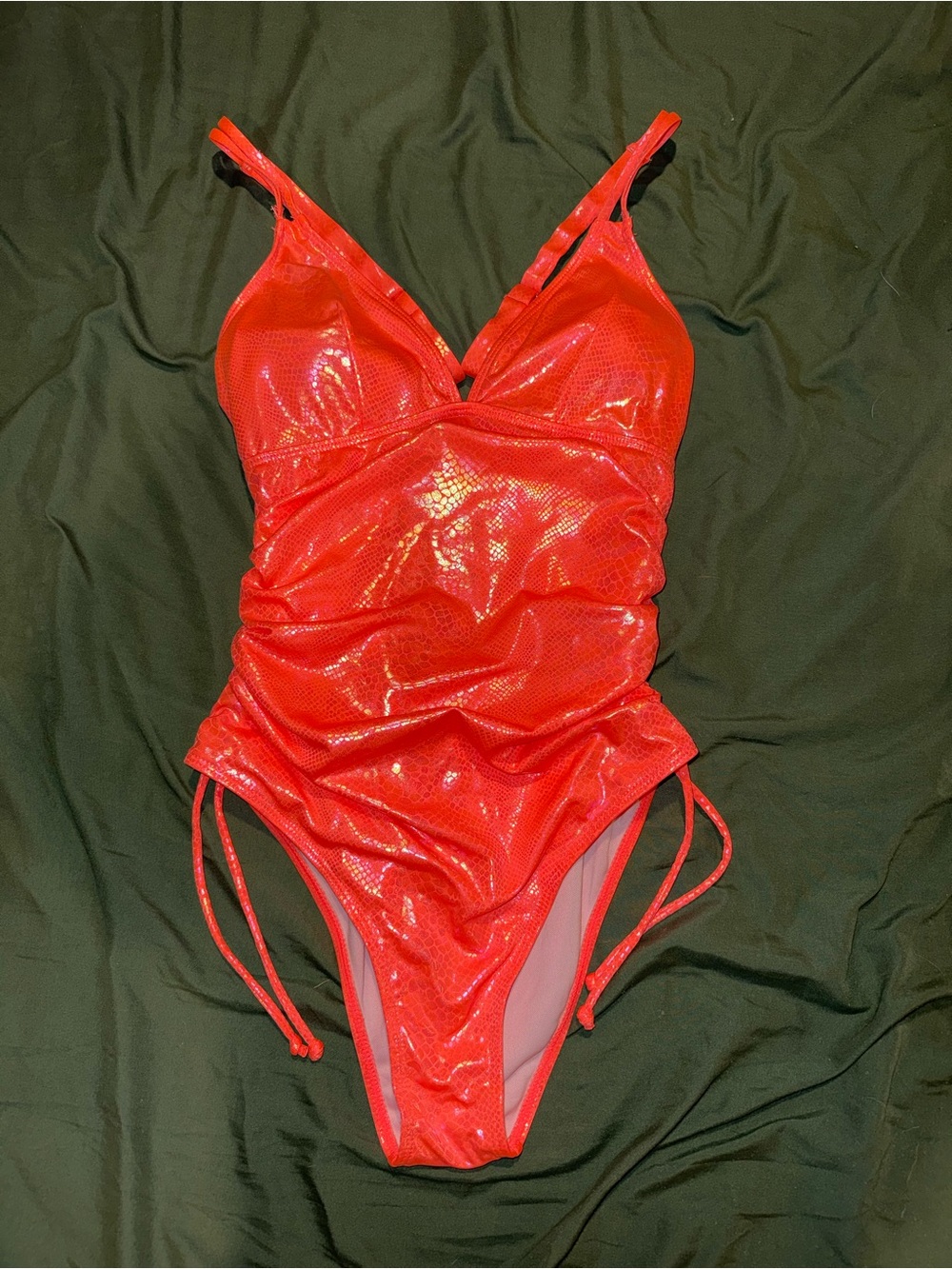 SHEIN Shiny Red One-Piece Swimsuit with Side Ties